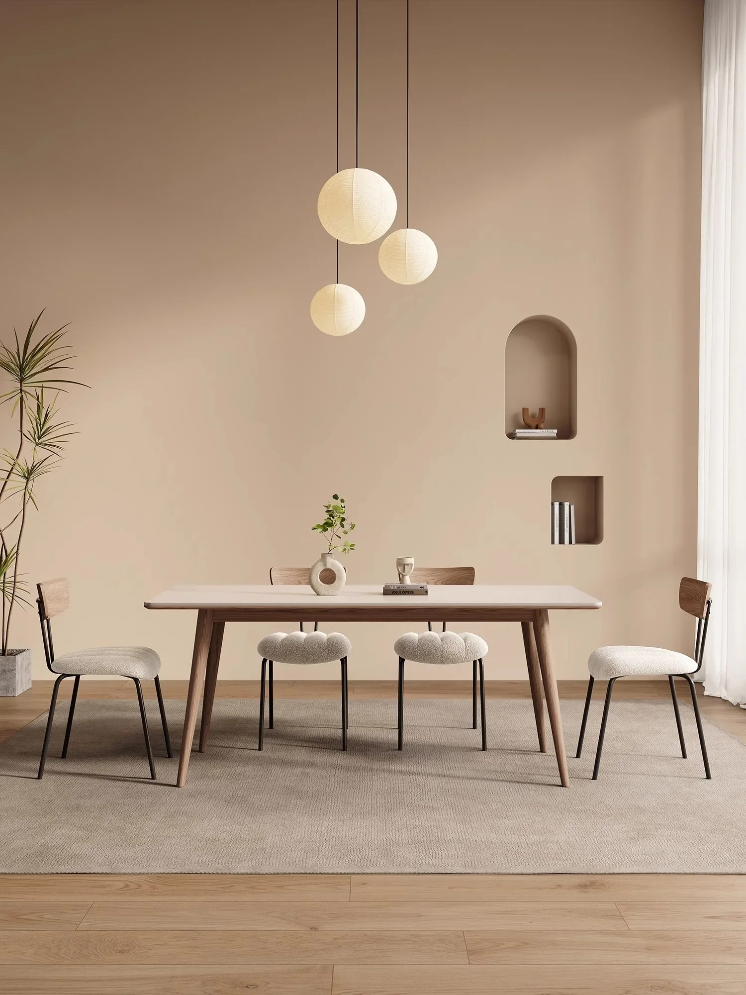 Nordic Solid Wood Stone Plate Dining Table Ash Cream Style Small Apartment Rectangular Dining Table