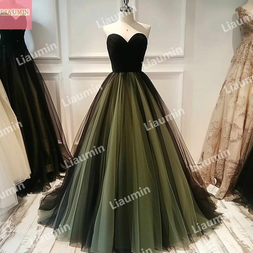 

Simple Custom Hand Made Green Black Tulle Pleat A Line Strapless Prom Dress Lace Up Back Evening Formal Party Clothing W15-53.7