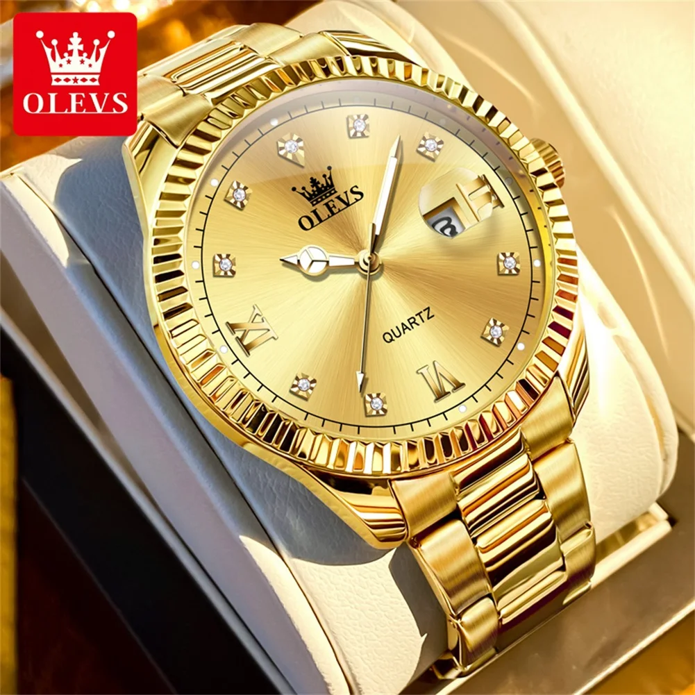 OLEVS Brand Luxury Gold Quartz Watch for Men Stainless Steel Waterproof Luminous Fashion Calendar Mens Watches Reloj Hombre