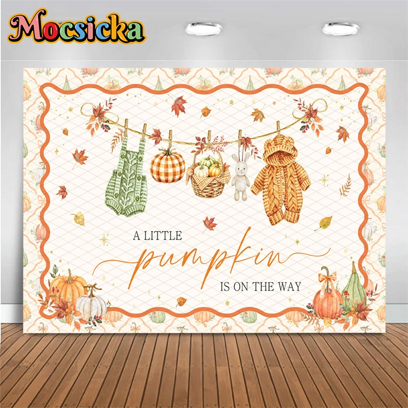 Mocsicka Autumn Little Pumpkin Baby Shower Photography Background Cloth Knit Clothes Bunny Gender Reveal Party Decors Photoshoot