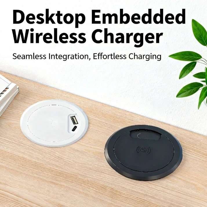 FUNAYA Smart Embedded 2-in-1 USB Type-c Charger Office Built-in Desktop Wireless Charger 15W Mobile Wireless Charging Furniture