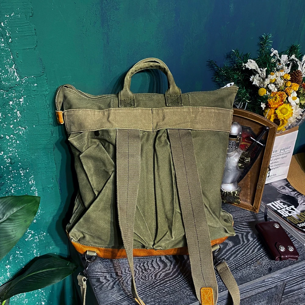 Tailor Brando Y-3 Super Thick Vegetable Tanned Cowhide&Oil Wax Canvas Size 40*40*10cm Helmet Bag Portable Backpack