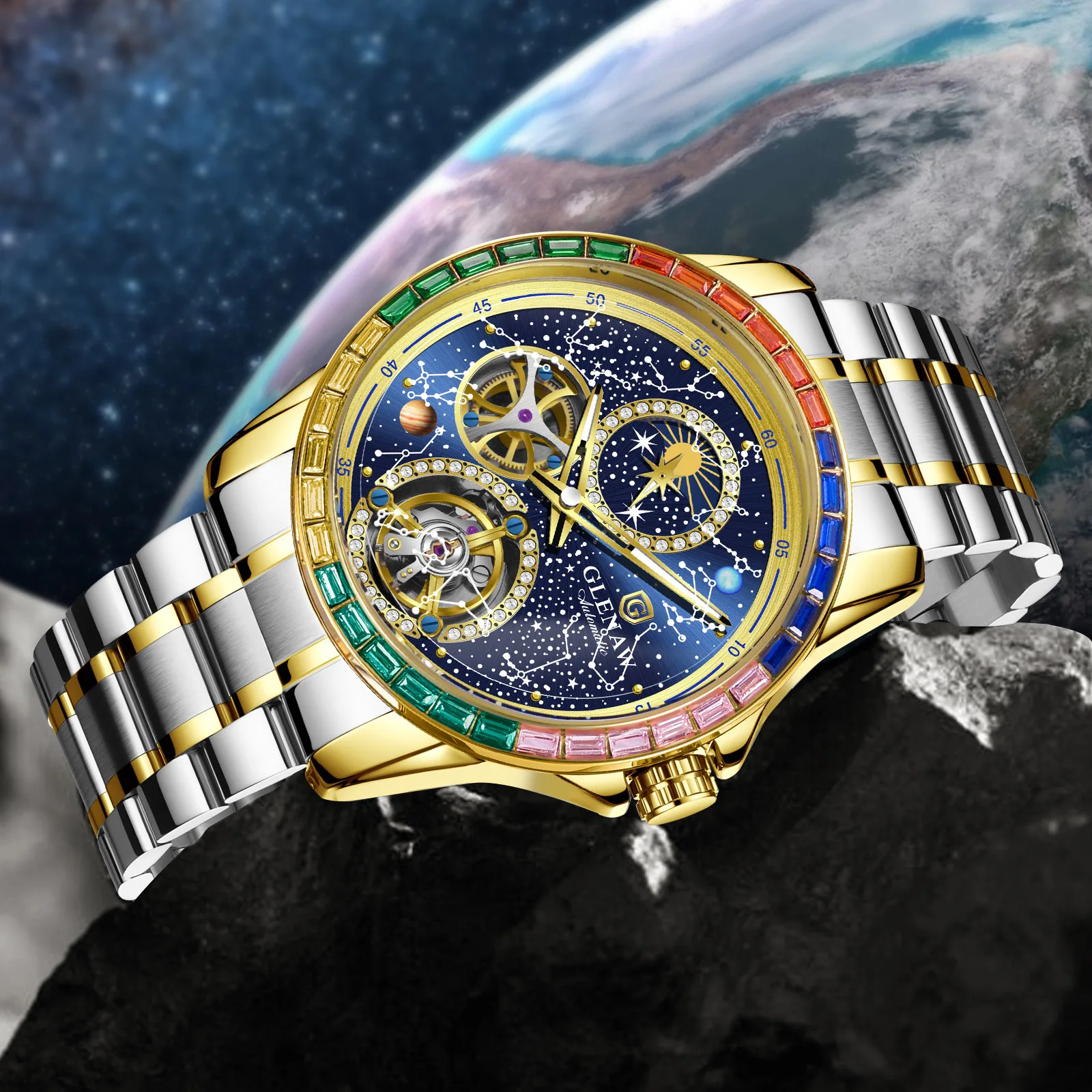 GLENAW Design New Constellation Dial Mechanical Watch Men's Moon Phase Men's Watch Night Light Waterproof Automatic Luxury Watch