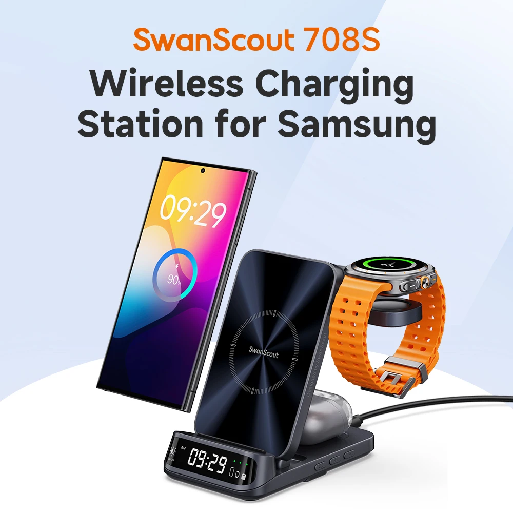 SwanScout 708S Wireless Charging Station for Samsung S24 S23 Z Flip Z Fold Charger for Galaxy Watch 7 Ultra 6 for Galaxy Buds 3