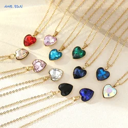 Dainty 12 Colors Glass Love Heart Pendant Necklace For Women Girls Stainless Steel Romantic Shining Necklace Jewelry Party Gift