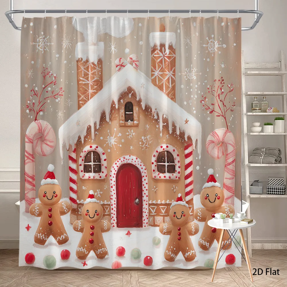 1pc Large Gingerbread House Shower Curtain with Candy Cane & Snowman - Vintage Christmas Bathroom Decor, 70.8x70.8 Inch High Quality-Like (Machine Washable) Bathtub Curtain, Hooks Included for Holiday Theme Parties, 2D Flat