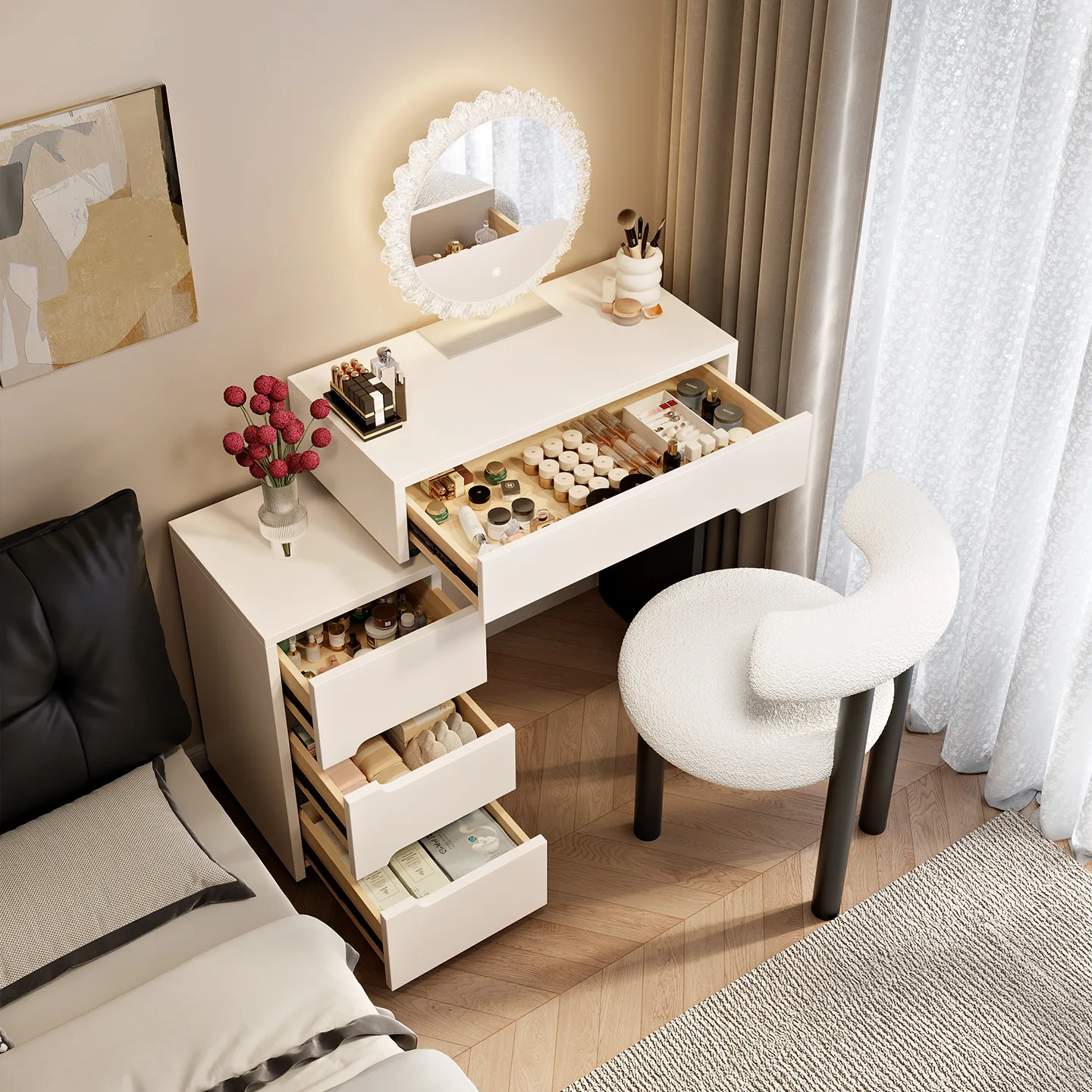 fdQuality Choice Cream Style Dressing Table Partitioned Storage Freely Retractable Cabinet Integrated Vanity Bedroom Special&