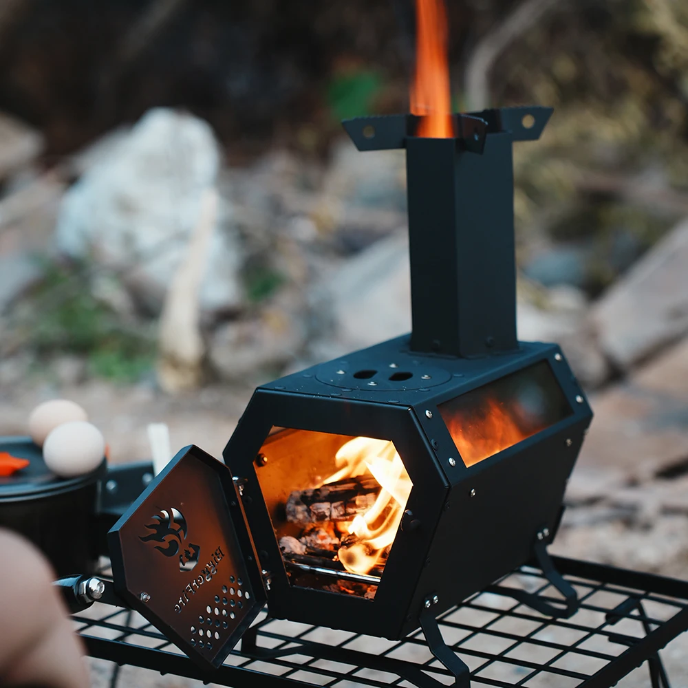 Smilodon-Camping Wood Burning Stove with Ash Box Outdoor Firewood Stove Stainless Steel Portable Desktop Burner for Picnic Camp