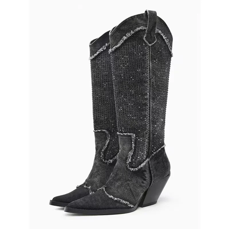 

Denim Black Pointed Toe Rhinestone Knee-High Boots Slip-On Chunky Long Botines Women Plus Size Fashion Botas Femininas Shoes