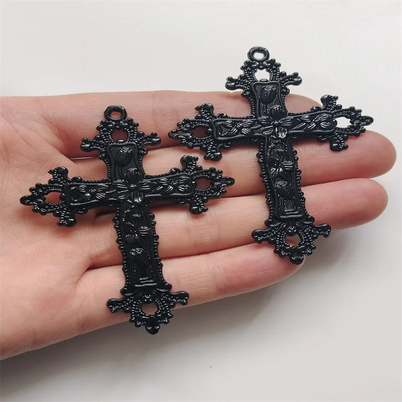 3pcs Black Color 74x53mm Large Cross With Flower Charms Religion Faith Pendant Fit DIY Handmade Jewelry Making Finding Supplies