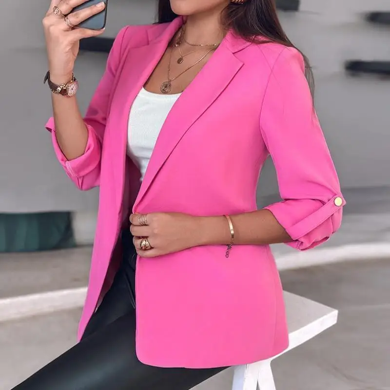 

Women's Notch Collar Roll Sve Suit Jaet Open Front Autumn Season Casual Sport Suit ort Pants Seven Sve Length