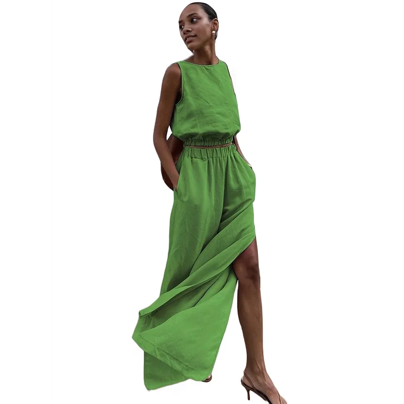 

Женская одежда из двух предметов, льняной жилет, жилет, нарядные повседневные комплекты, широкие брюки с высоким разрезом, костюмы-A55G