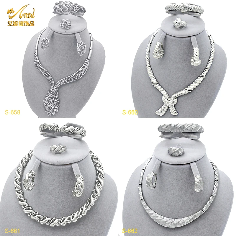 Fashion Designer Silver Color Necklace Sets For Women Indian Bridal Party Jewellery Nigerian Choker Set for Dubai Wedding Gifts