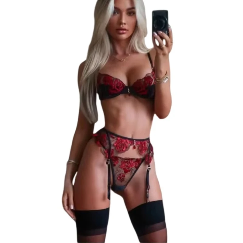 

Hot Sexy Red Rose Embroidery Lingerie Sets with Garter Belt Womens 3 Piece Underwear Set Transparent Floral Lace Bra Brief Sets