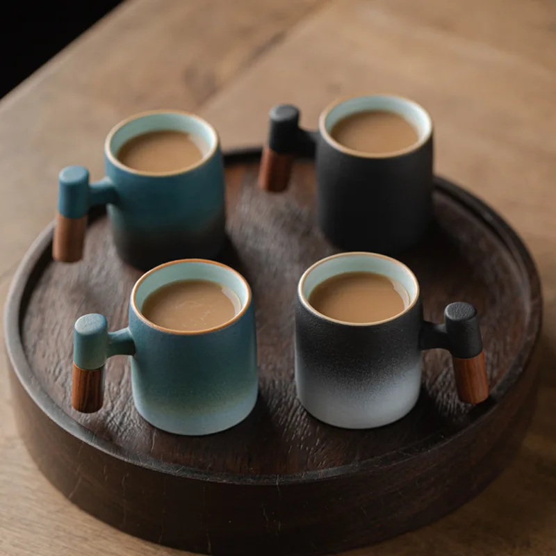 Ceramic Gradient Wooden Handle Tea Cup Stoneware Japanese Coffee Cup Home Kiln-turned Retro Small Wine Cup