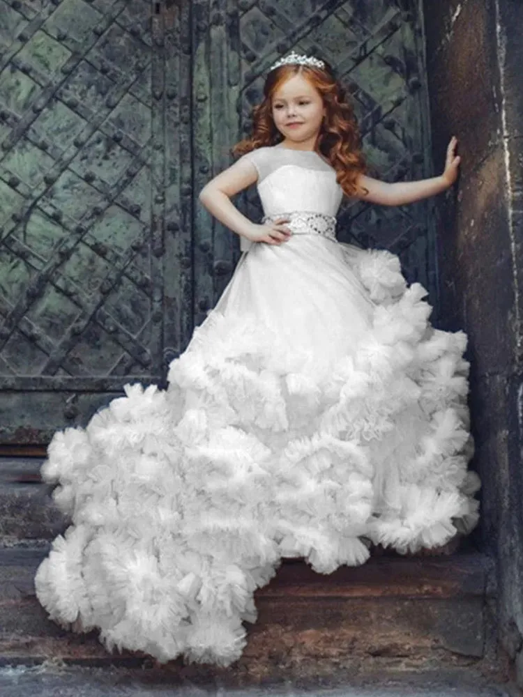 Gorgeous Off Shoulder Champagne Lace Court Train Flower Girl Dresses for Wedding Sleeveless Princess White Ball Gown