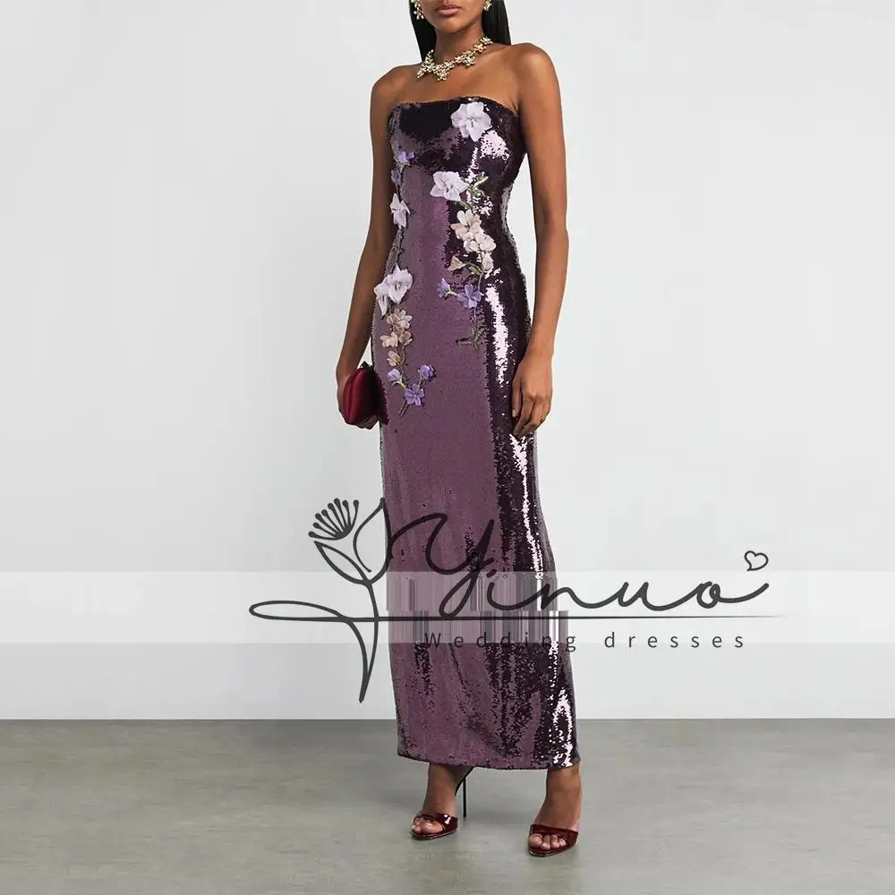 تخصيص بريق الأرجواني الترتر ثوب مسائي طول الكاحل فستان حفلة رسمية بدون حمالات المملكة العربية السعودية فستان مع الزهور فستان حفلة موسيقية