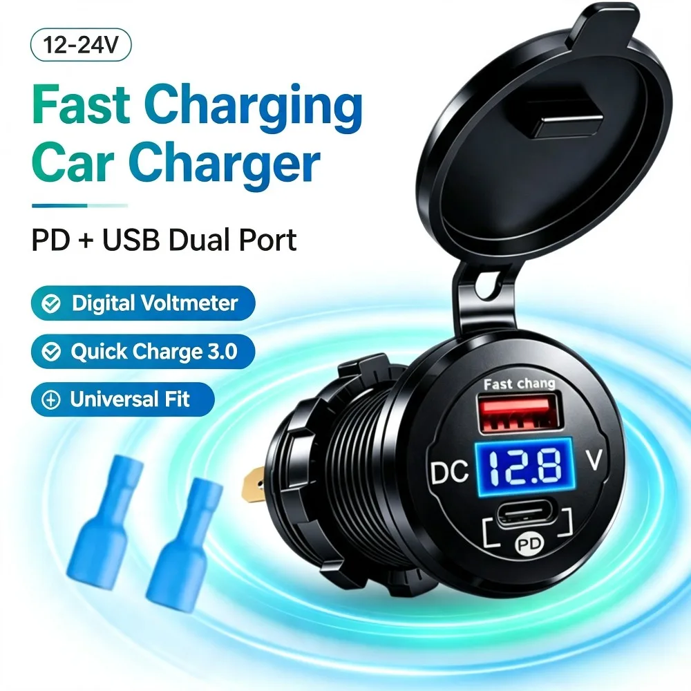 Waterproof Embedded Car Charger Socket PD QC3.0 Fast Charge 12-24V Digital Voltage Monitor For Car Motorcycle Truck Marine Boat