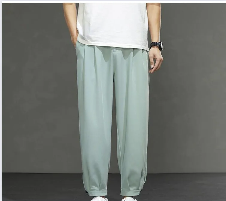 2024 Summer Green Casual Pants for Men, Breathable Thin Ice Silk Sports Trousers with Elastic Cuffs and High Slits