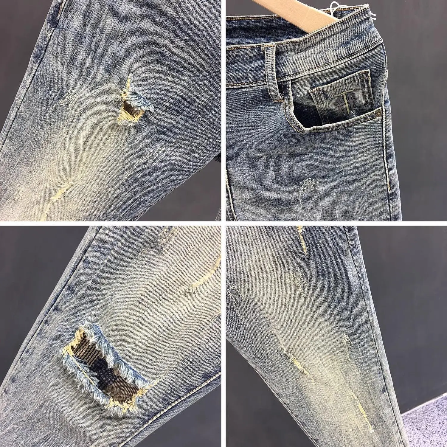 Retro High-end Trendy Brand Cowboy Jeans Spring Summer Men's New Washed Trend Slim-fit Small Foot Ripped Luxury Designer Pants