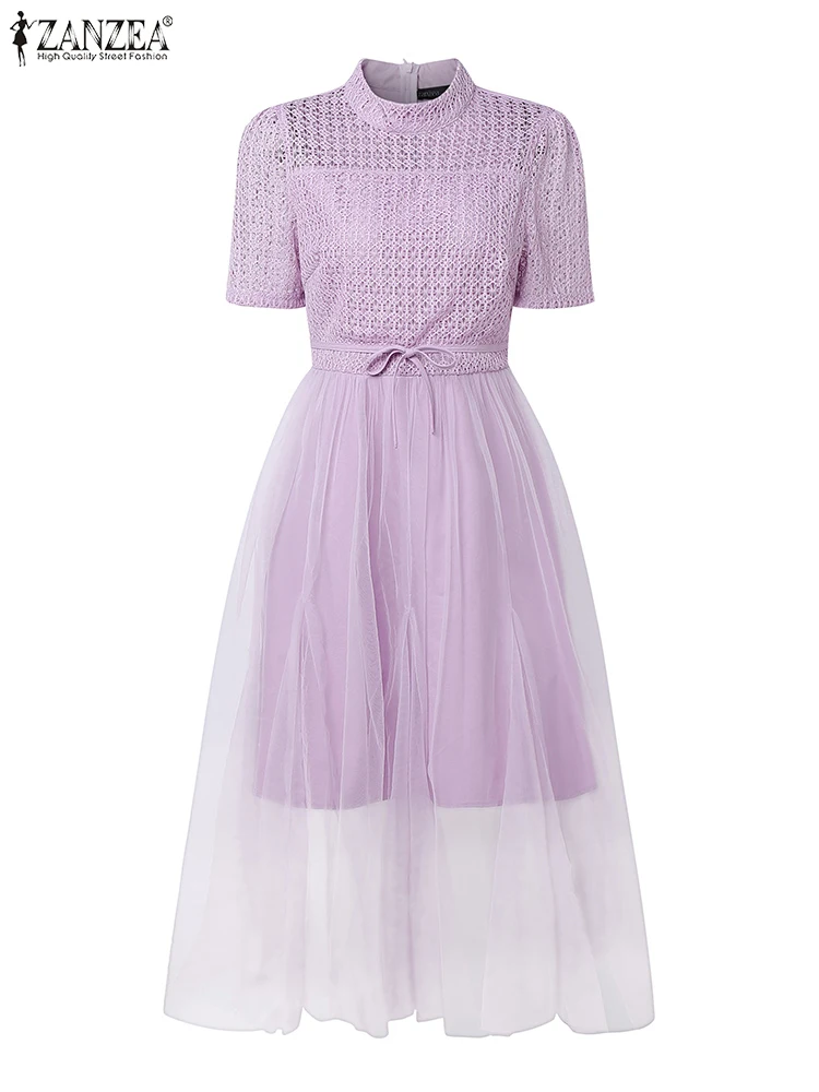 

ZANZEA 2025 Elegant Party Vestidos For Women Short Sleeve Stand Collar Holiday Long Dresses Mesh Patchwork Bow Lace Maxi Robe