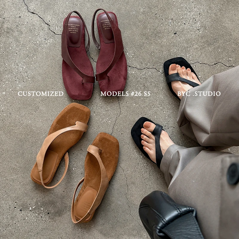 2026new summer women sandals natural leather plus size 22-25.5cm cowhide+sheepskin split toe back-strap low heel women slippers