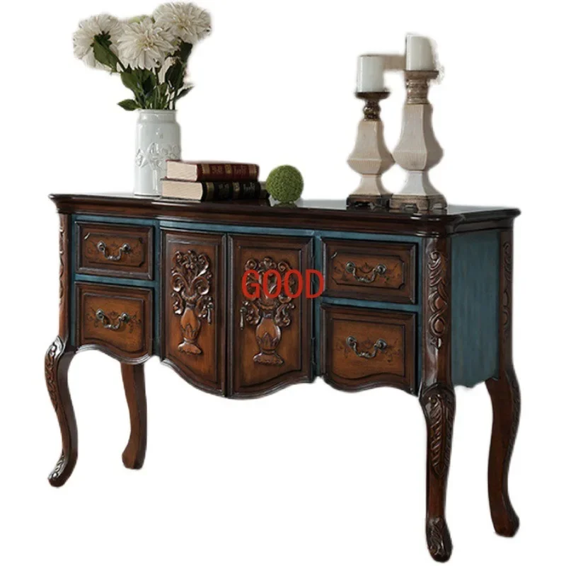 Solid Wood Console Tables Sideboard Cabinet Bottle Carved Walnut Color Hall Cabinet