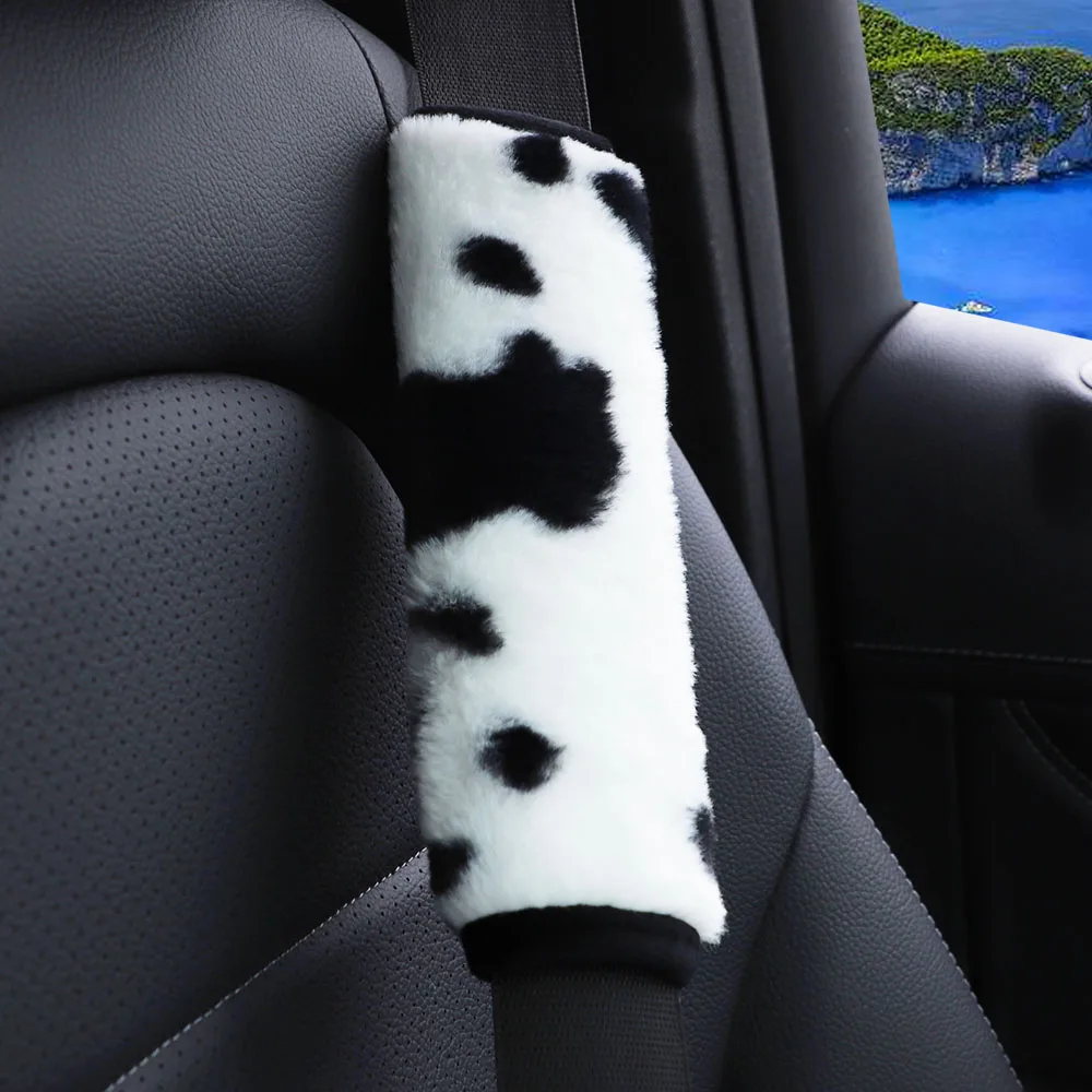 Winter warm hand-painted soft cowhide plush car shoulder cover for seat belt decoration car accessories for women