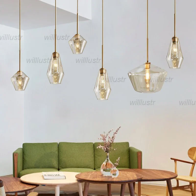 

Glass Pendant Lamp Clear Champagne Color Suspension Light Hotel Cafe Bar Dining Bedroom Metal Hanging Ceiling Chandelier