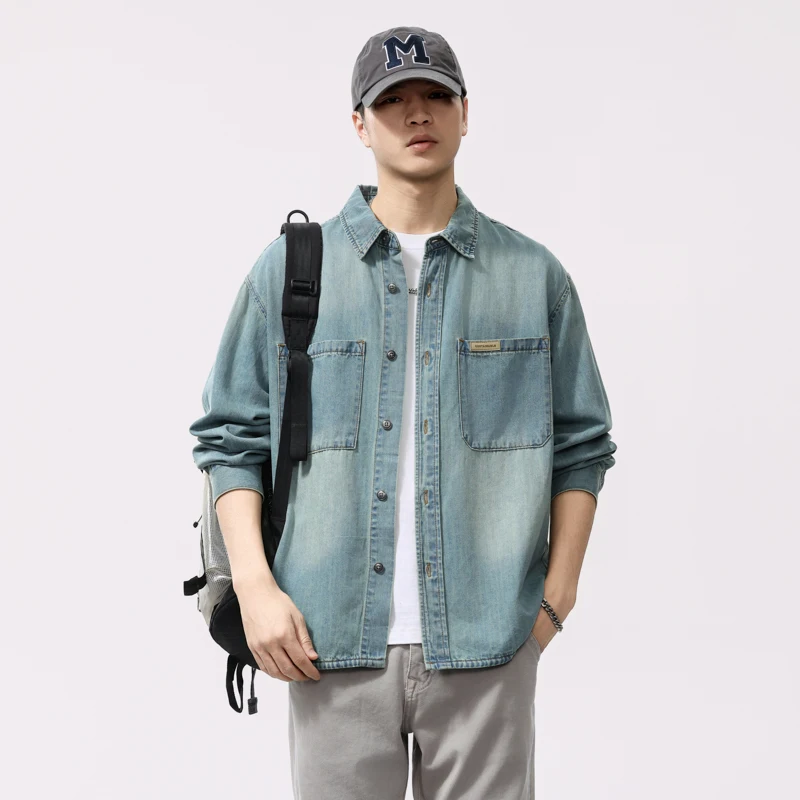 

Lyocell Slub Denim Shirt for Men - Vintage Washed Breathable Top (Spring/Fall Relaxed Fit) High Quality Plus Size 4XL Jackets