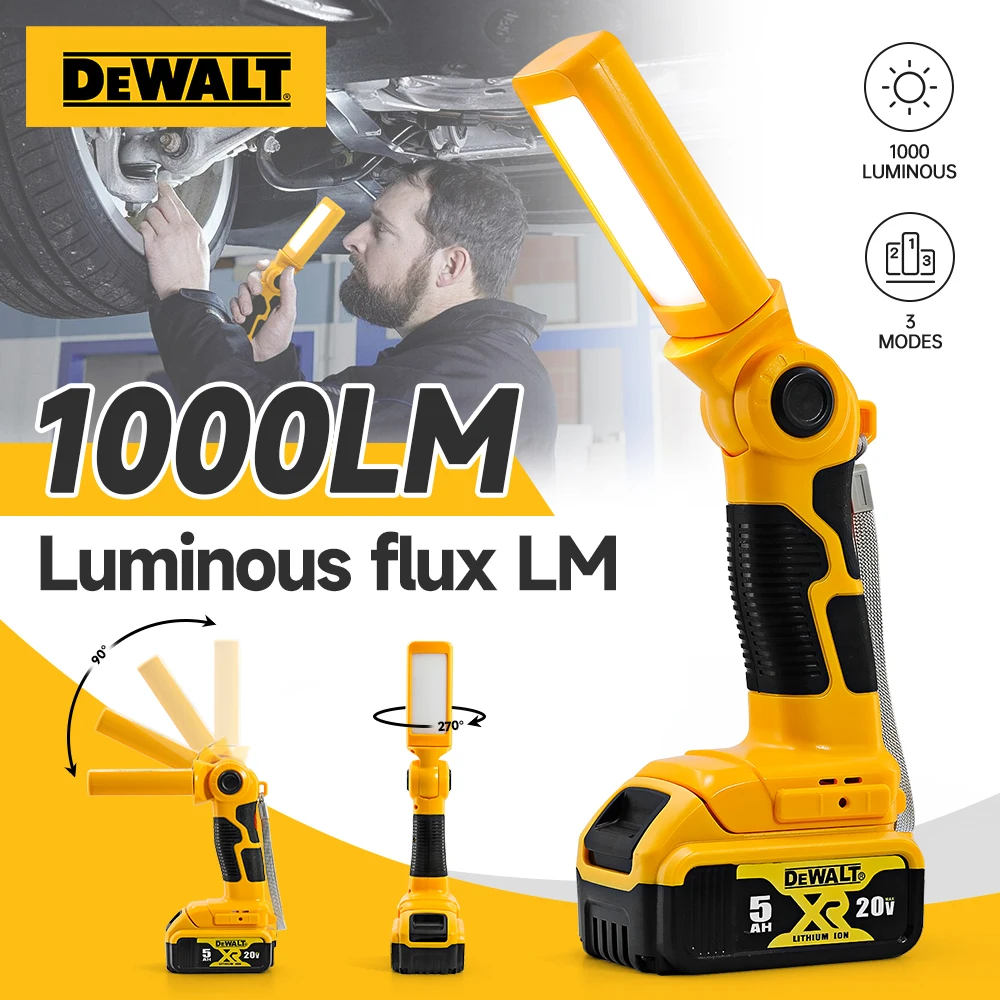 

Dewalt Tools 20V Battery 270° Rotate Rechargeable LED Work Light 1000 Lumens Handled Flashlight for Outdoor Camping Car Repair