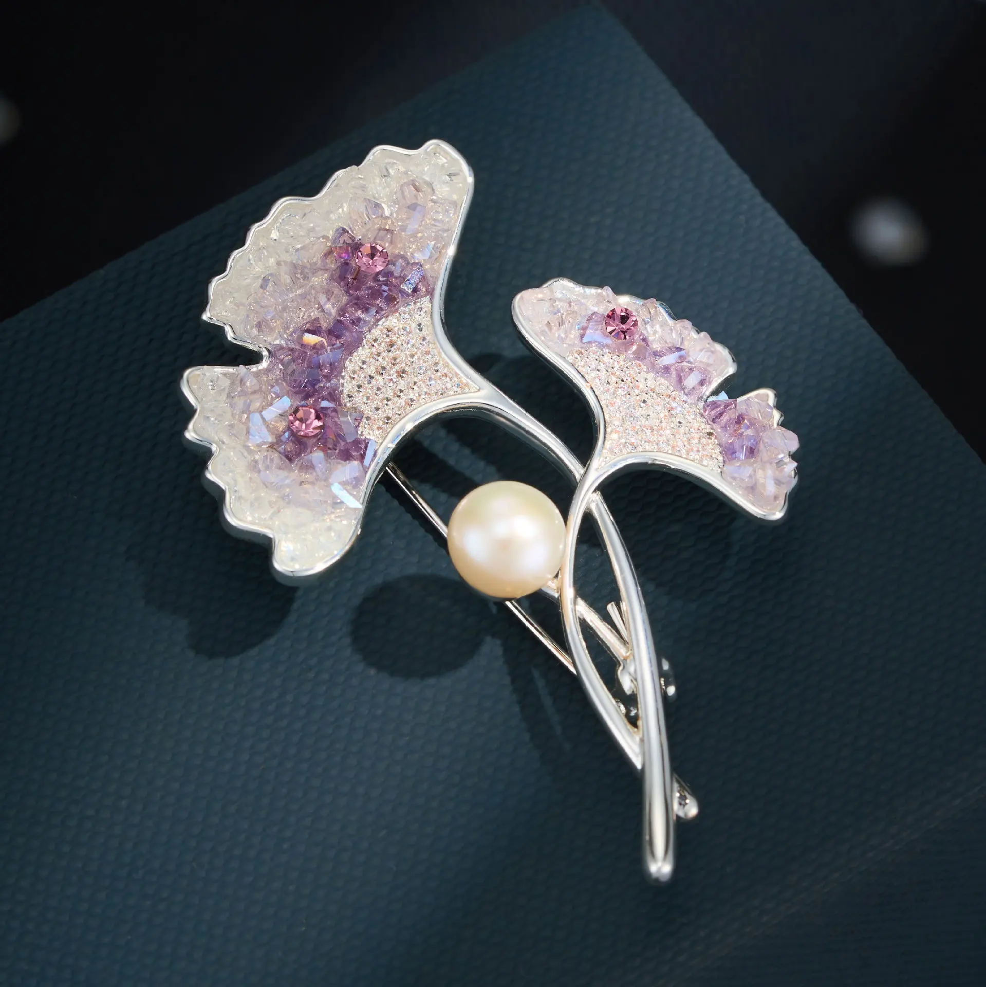 Lucky Bracelet Hand String Direct Supply Light Luxury Gentle Gradient Amethyst Ginkgo Leaf Brooch Copper Alloy Inlaid Zircon 6mm