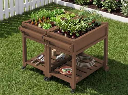 Raised Garden Bed on Wheels with Storage Shelf,HDPE Elevated Rolling Planter Box for Flowers, Herbs, Vegetables, Mobile