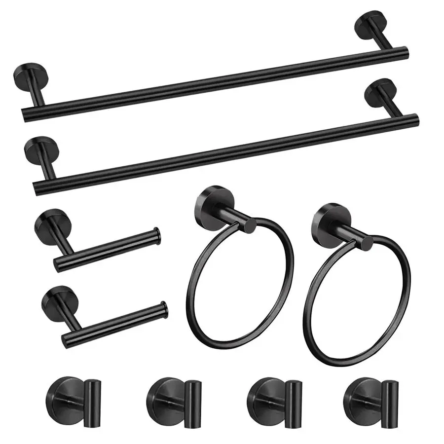 

10 Piece Matte Black Bathroom Accessories Set, 24inch Black Towel Bar RingToilet Paper Holder Robe Towel Hook SUS304 Stainless