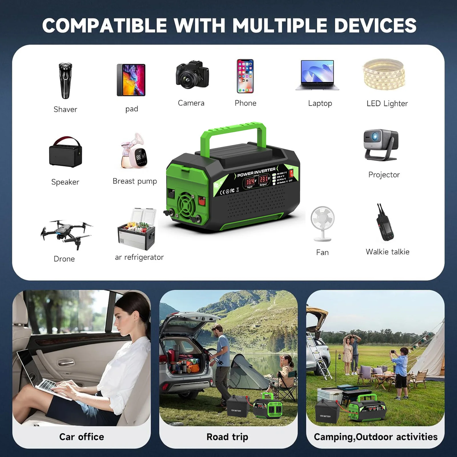 Convertitore sinusoidale modificato Doppie porte USB Ricarica rapida Doppie prese Display LCD intelligente Convertitore per auto da 300 W per i viaggi