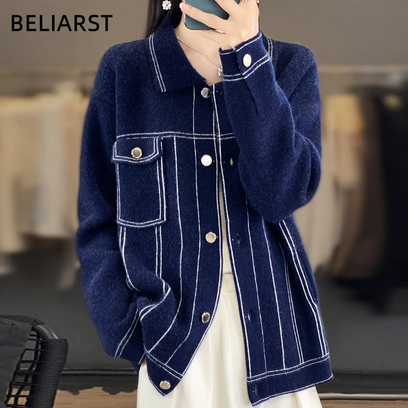 Cashmere Coat Women\'s Clothing PoLo Collar Cardigan 100% Merino Wool Knit Color-block Top Fashion Korean Luxury Jacket Shirt