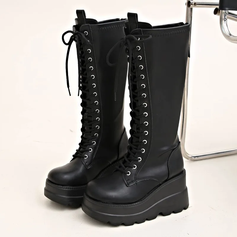 

Lace-up Platform No Knee Boots 2025 Autumn Round Toe Non-Slip High Heel High Cycling Boots