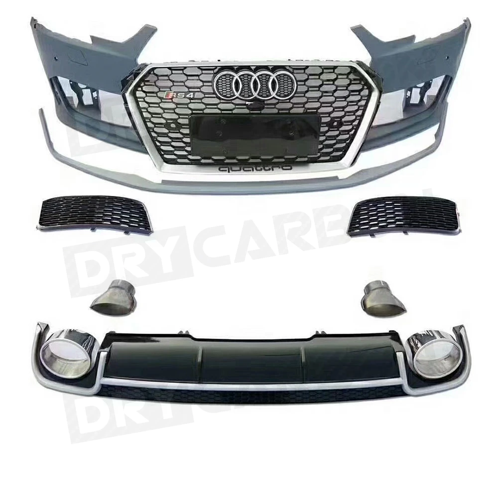 PP Body Kit Car Front Bumper Spoiler Racing Grills Rear Diffuser Guard Exhaust Tips for Audi A4 RS4 2016 2017 2018 Accessories