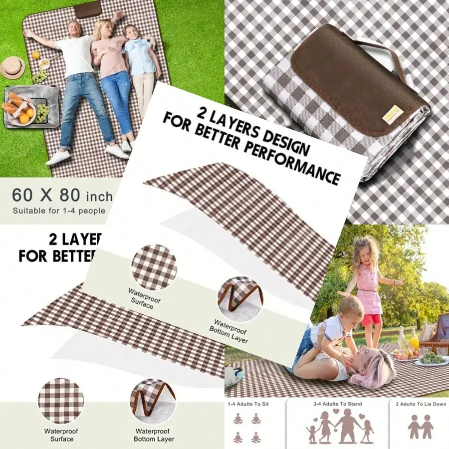 

Outdoor Picnic Blankets Waterproof Foldable Sandproof Large Gingham Cute Picnic Mat Washable Portable 60"*80"