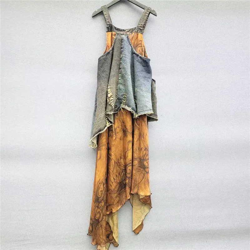 2025 Sommer Coole Mode Retro Distressed Alter-Reduzierung Design Nähte Unregelmäßige Träger Kleid Frauen