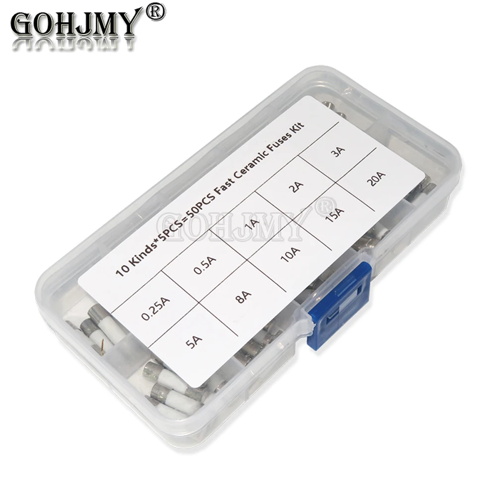 

50pcs 5mm x 20mm Ceramics Fuses Kit 0.25A 0.5A 1A 2A 3A 5A 8A 10A 15A 20A 250V Fuse 5*20 Protective Insurance Tube Set new