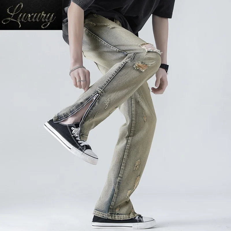 

Men's Ripped Jeans Flared Zip Flood Blue Vintage Korean Streetwear Baggy Wide Leg Men Y2k Denim Trousers Male High Street