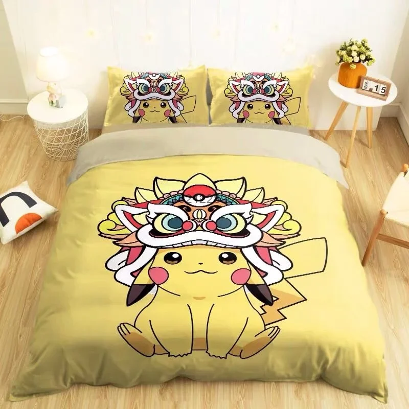 Pokemon Kawaii Pikachu Cartoon Quilt Cover Three-piece Polyester All Seasons Bedding Set Children's Comforter Pillowcase