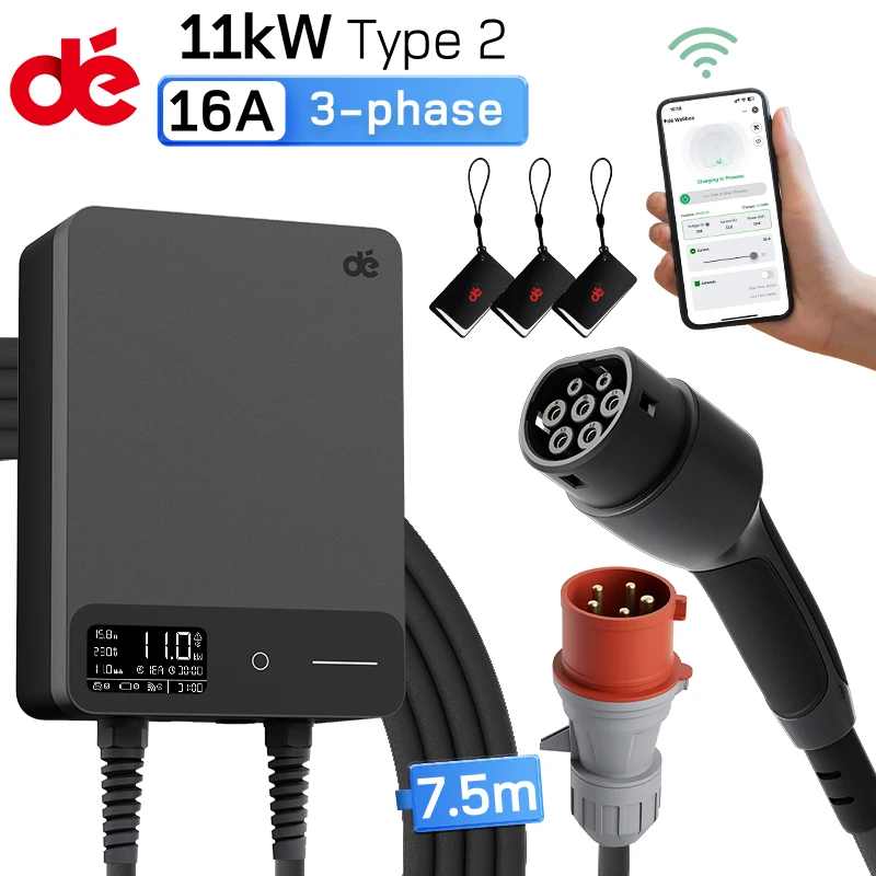 dé Wallbox Typ 2 11kW 16A 3-Phasen-Ladestation mit Tuya Smart App-Steuerung für Elektrofahrzeuge, 5m 7,5m 10m 12,5m 15m EV-Ladekabel