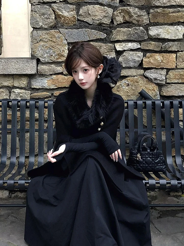 

Black Woolen Cloak Coat Women's Winter Outfit Inner Matching Skirt Set Button Detailing Elegant Simple Style plus Size