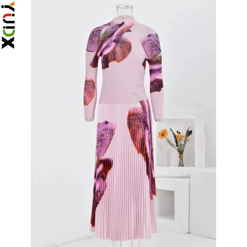 

YUDX Miyake Elegant Pleated 2 Pieces Set Printed For Women Pink Long Sleeves Slim Thin Tops High Waist Fold Skirts 2024 New