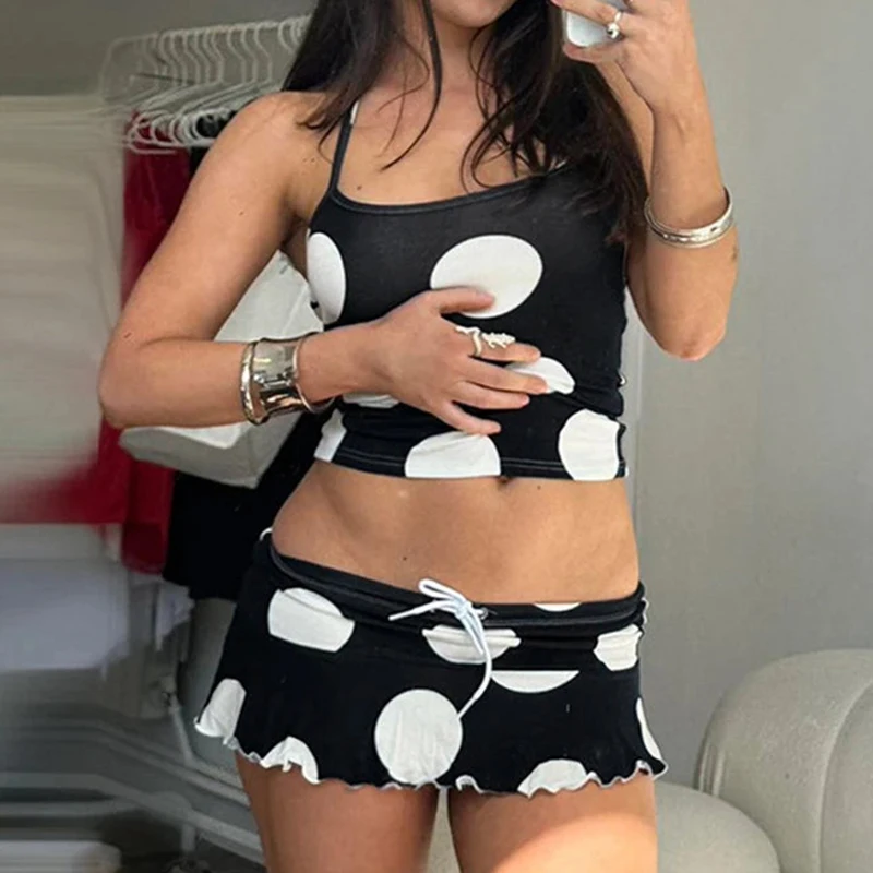 

Coquette 2 Piece Set Women Vintage Polka Dot Halter Crop Top +Mini Skirt Matching Suit Backless Camis Sexy Club Party Outfits
