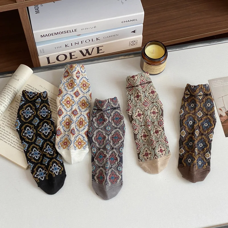 1/5 pairs women's socks spring summer retro three-dimensional relief color blocked mid tube socks fashion versatile boat socks
