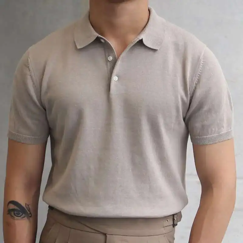 2023 Summer Simple Solid Color Casual Slim Lapel Polo Knit  Breathable Polo Camisa Hombre British  Men's Shirt Mannen Polo