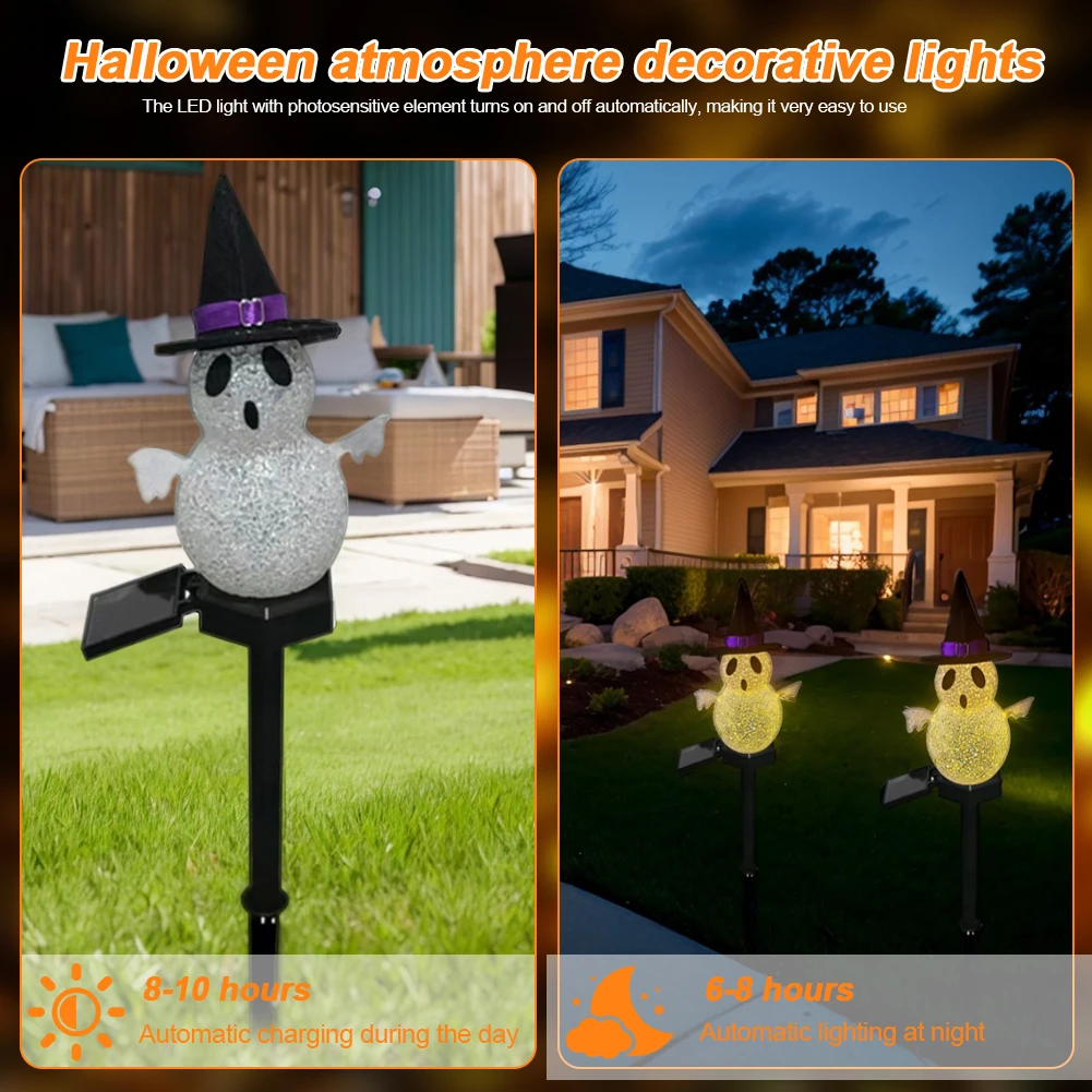 2 Pcs Halloween Solar Ghost Lights Halloween Decorations Solar Stake Lights LED Patio Yard Pathway Grave Lawn Porch Party Decor